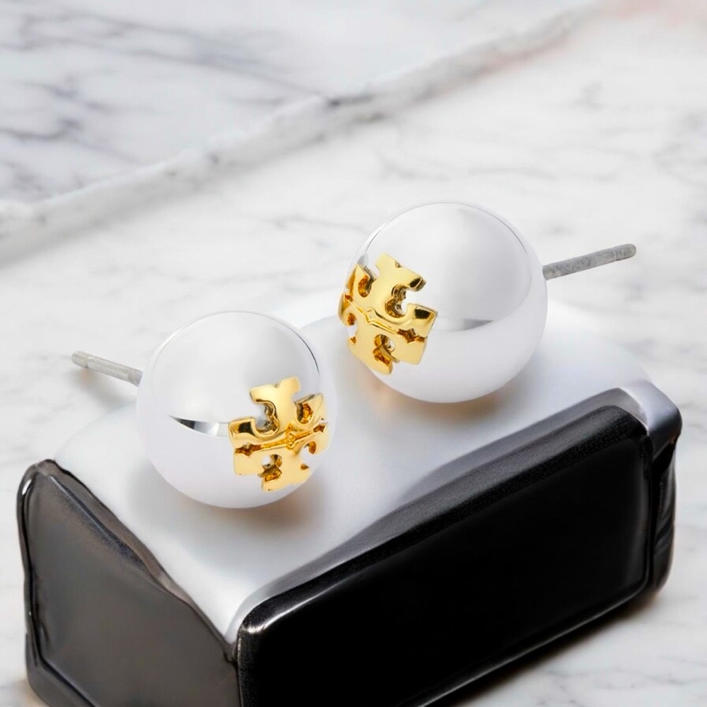 Tory Burch Kira Two-Tone Logo Essential Stud Earrings SILVER & GOLD